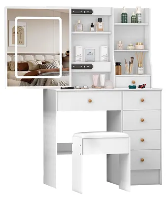 Productafbeelding van Make-up tafel set - Make-up tafel met spiegel met LED-verlichting - 6 lades - Beklede kruk - Open zijvak - Wit