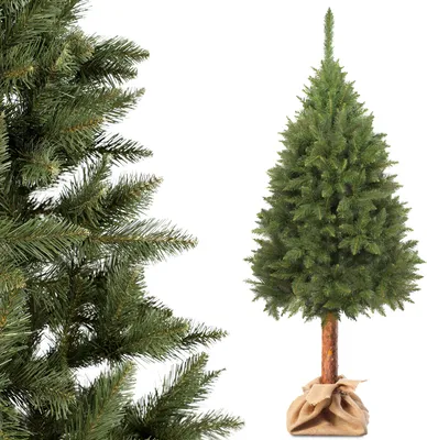 A close-up of artificial Christmas tree branches on the left and a full artificial Christmas tree on a white background on the right.