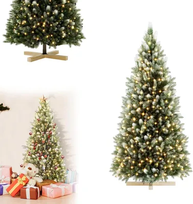 Produktbild von LARS360 Künstlicher Weihnachtsbaum 150 cm mit Holzständer, Typ B, Tannenbaum mit Schnee-Effekt, 200 LED, 8 Lichtmodi, warmweiß