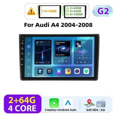 Image de Autoradio - Android 2-DIN - Écran tactile de 22,9 cm - 2 Go de RAM, 64 Go de ROM - GPS, Wi-Fi, FM - CarPlay - 1024×600 - Pour A4 2004-2008 - Noir