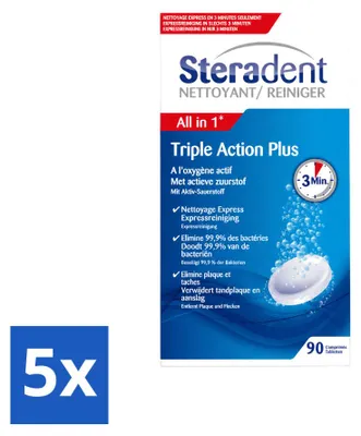 Produktbild von 5 x Steradent Triple Action Plus Gebissreiniger – 90 Tabletten - Vorteilspackung - 5 Stücke