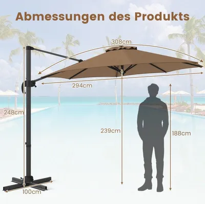 Image de Parasol déporté réglable de 300 cm avec manivelle, marron