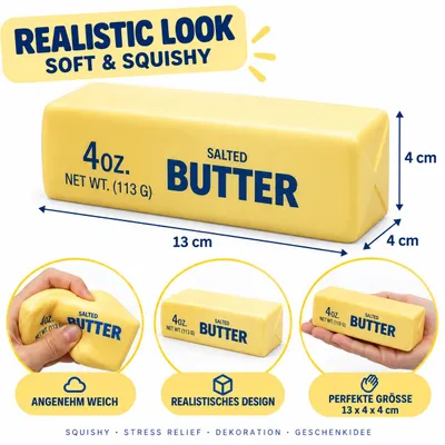 Produktbild von Butter Squishy Salzbutter – Anti-Stress Spielzeug 13,5 × 4 × 4 cm + Heartforcards Versandschutz, KI-generiertes Bild