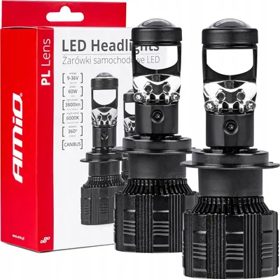 A product shot of LED car headlights and their packaging.