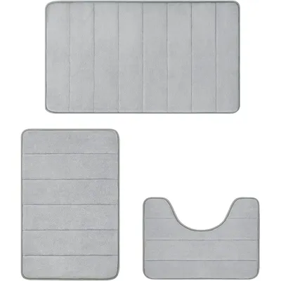 Produktbild von OKWISH 3 Stück Badteppich Badematten Set Waschbar rutschfest Badvorleger Duschvorleger Duschmatte Badteppich für Badezimmer grau