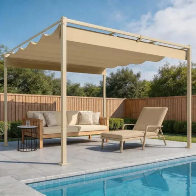 Image de Pergola de jardin 3 x 3 m avec toit rétractable, pavillon avec auvent, protection UV UPF 30+, couleur kaki