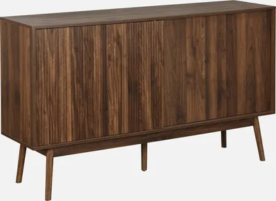 Produktbild von sweeek Skandinavisches Sideboard, Dunkles Holzdekor geriffelt, 90 cm x 150 cm x 39,5 cm, mit 5 massiven Kiefernholzbeinen (1 verstellbar) und 2 Schiebetüren