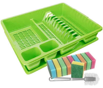 Produktbild von WELLGRO Abtropfgestell aus Kunststoff mit Reinigungsbürste und 10 Schwämmen - 44x35x9 cm (LxBxH) - Schale Geschirrkorb Abtropfkorb Abtropfgitter für Spüle  Europe