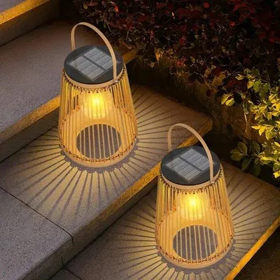 Immagine prodotto di Lampade solari, confezione da 2 - 14,2 x 18,5 cm - rotonde, in rattan - ideali per campeggio, terrazze, giardini, patii, verande, decorazioni per esterni