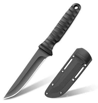Image de Couteau de survie d'extérieur, lame en acier inoxydable fixe, idéal pour le camping, le bushcraft, la pêche et l'utilisation quotidienne (EDC), avec étui en Kydex, de couleur noire