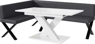 Produktbild von MEBLINI Eckbank für Esszimmer mit ausziehbarem Tisch  - Küchenbank - Essecke - Sitzecke Küche - TONI - X-Beine 142x196x87cm Links - Grau Kunstleder/B Weiß Hochgl.