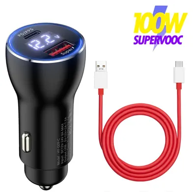 A car charger and a USB-C cable are displayed against a white background, with marketing text overlayed.