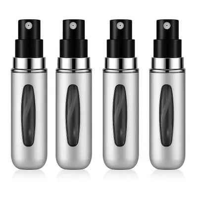 Produktbild von Mini Parfümflakon 4er Set 5 ml Nachfüllbare Reisesprays in Silber für Damen & Herren für Arbeit, Party & Urlaub Easy-Fill Funktion Kompakt & Leicht