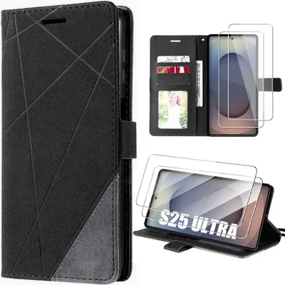 Image de Coque + 2 Verres Trempés pour Samsung Galaxy S25 Ultra, Anti-Rayures Protection 360 Degré CuirPolyuréthaneNoir