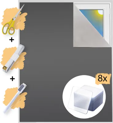 A collage of items related to window film installation, including scissors, a measuring tape, a marker, and adhesive pads, with a sample of the window film shown on a window.