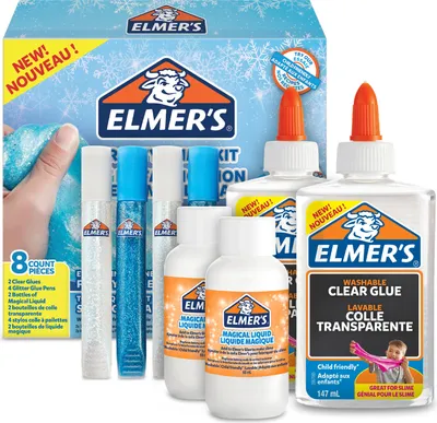 Produktbild von Elmer's Frosty Slime Kleber-Kit | mit klarer kleber, Glitzer-Klebestifte & magische Schleim-Aktivator-Flüssiglösung | 8-teiliges Kit