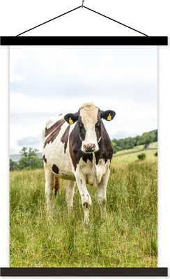 Produktbild von MuchoWow® Textilposter Kuh - Gras - Schwarz - Weiß 60x90 cm mit schwarzem Rahmen - Poster Wohnzimmer