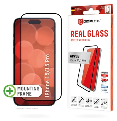 Immagine prodotto di Vetro temperato DISPLEX (10H) per Apple iPhone 15/15 Pro, cornice di montaggio ecologica, copertura totale, Apple, iPhone 15/iPhone 15 Pro, applicazione a secco, resistente agli urti, resistente ai graffi, resistente alla polvere, trasparente, 1 pezzo