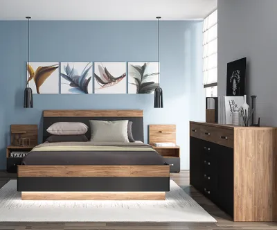 Produktbild von Schlafzimmer Set 4-teilig MANAGUA-129 mit Bett 160x200 in Eiche mit schwarz matt