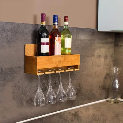 Obrázok produktu pre Bamboe stojan na víno - VxŠxH 17x37x115 cm - stojan na fľaše 4 fľaše 4 poháre nástenný stojan prírodný