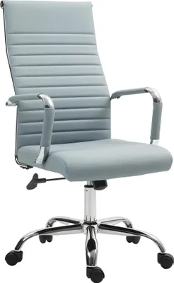 Produktbild von Bürostuhl - Drehbarer Schreibtischstuhl - Ergonomisch - Höhenverstellbar - Wippmechanik - Hohe Rückenlehne - Armlehnen - Kunstleder - Hellgrau