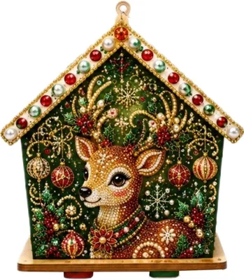 Productafbeelding van Diamantverf - 1 stuk - Doe-het-zelf - 3D kerstboomornament van hout - Huismotief - Met parels - Creatieve knutselset voor volwassenen - Klein rendiermotief
