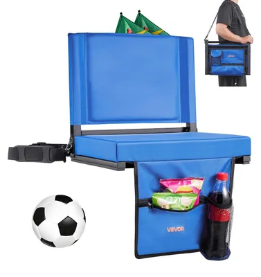Image de Siège de stade VEVOR, chaise de tribune pliable avec dossier, siège rembourré avec bandoulière, porte-boisson, crochet et poche latérale, chaise de stade (431,8 mm de large) Bleu, 1 pièce.