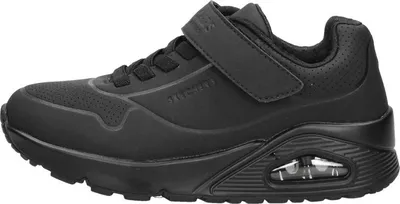 A side view of a black Skechers Uno Air Blitz sneaker.
