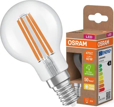 Immagine prodotto di Lampada LED OSRAM Energy Class nella classica forma a miniball, 2,2 W / 470 lm, EEK A, luce bianca calda (2700 K), CRI 80, in vetro trasparente senza piombo, base E14, IP20, diametro 45 mm.
