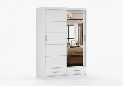 Produktbild von FRENCE Schwebetürenschrank Kleiderschrank Schrank 150 cm Weiß mit Spiegel, Schubladen, Schlafzimmer