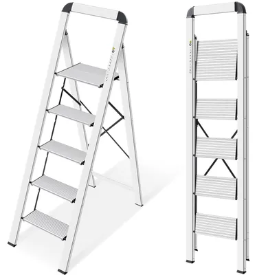Zdjęcie produktu dla Aluminiowa drabina 5-stopniowa z antypoślizgowymi stopniami