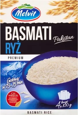 Zdjęcie produktu dla Melvit Premium Ryż Basmati Pakistan 400 G (4 Torebki)