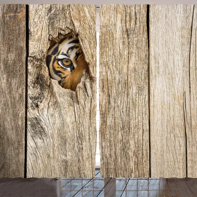Produktbild von ARANDE Safari Gardine, Sibirisches Tiger Auge, Durch Hölzernes Aussichtloch Raubtier Big Cat Wild Druck, 280 x 245 cm, Tan