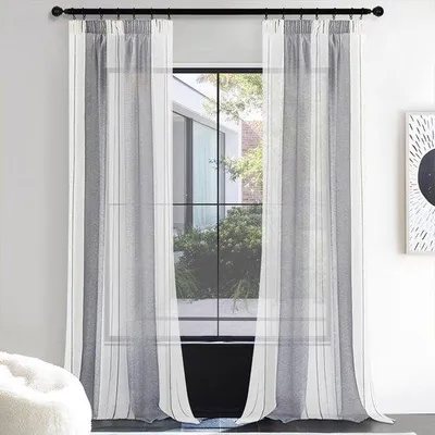 Produktbild von Unyqoos® 2er-Set halbtransparente Gardinen grau-weiß gestreift mit Faltenband, 260 x 140 cm
