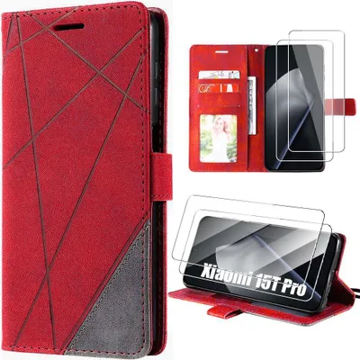 Image de Coque + 2 Verres Trempés pour Xiaomi 15T Pro, Protection Anti-Rayures Antichoc Synthécuir - Rouge Gris
