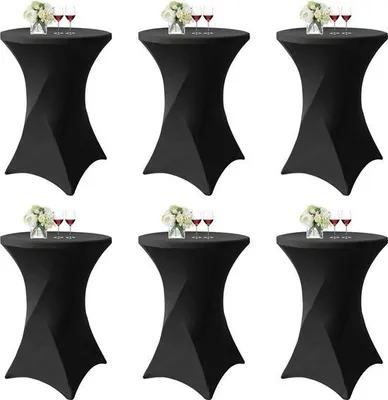 Produktbild von 6er Set Schwarze Stretch Stehtischhussen für Bistrotisch 80-85 cm Elasthan Stretch Tischdecke, Verstärkung im Fußbereich für Hochzeit, Geburtstagsfeier, Bankett, Stehtische und Bistrotische (80 x 110 cm)