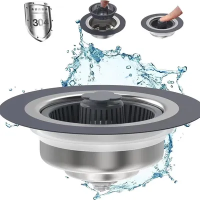 Produktbild von Abflusssiebe, 3-in-1 Abflusssieb und Stopfen, 304 Edelstahl, Pop-Up-Küchenspüle, Anti-Verstopfung, Abflusssieb für Standard 8,9 cm Ablaufloch (grau)