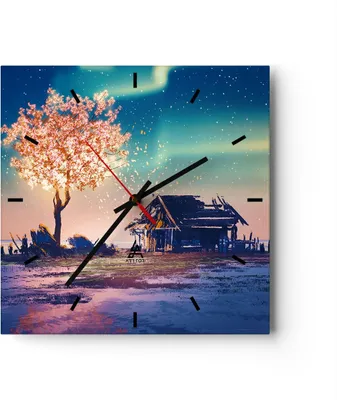Produktbild von Wanduhr - Quadrat - Glasuhr - Baum Haus Nacht Sterne - 30x30cm - Schleichendes Uhrwerk - Lautlos - zum Aufhängen bereit - Dekoration Modern - Wanddekoration aus Glas - C3AC30x30-2849