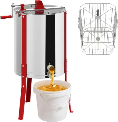 A stainless steel honey extractor with a bucket of honey beneath it, and a separate wire basket shown to the side.