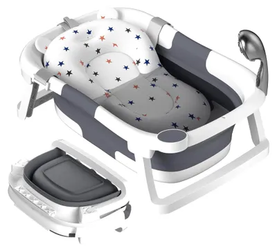 Produktbild von Faltbare Babybadewanne, Tragbare Wanne für Neugeborene und Kleinkinder mit Rutschfester Matte und Abflussloch (Grau)