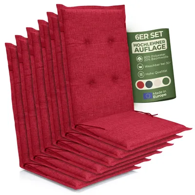 Produktbild von Hochlehner Auflage Florence– Gartenstuhlauflage Hochlehner, Sitzkissen Stuhl, Stuhlkissen & Outdoor Kissen für Gartenmöbel, Farbe:rot, Anzahl:6