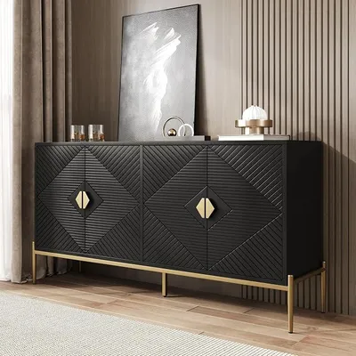 Obrázek produktu pro Komoda do obývacího pokoje se 2 skříňkami, jídelní komoda s kovovými nohami, rozměry 162 x 40 x 80 cm, moderní komoda do obývacího pokoje, vhodná také do ložnice, kanceláře nebo chodby, barva černá