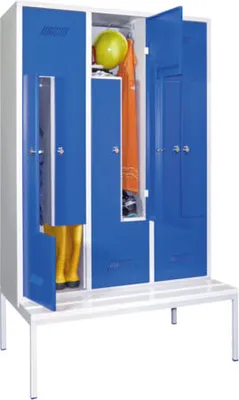 Produktbild von Z-Kleiderschrank m. Sitzbankuntergestell - Höhe 215 cm - 6 Fächer - Drehriegel - tiefschwarz/lichtblau