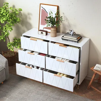 Obrázok produktu pre Komoda – Skriňa s zásuvkami – Úložná skrinka – Komoda – Komoda – Biela s zlatými úchytkami – 6 priestranných zásuviek