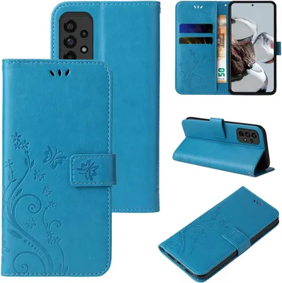 Produktbild von Handyhülle für Samsung Galaxy A73 5G Floral Blumen Schmetterling Flip Cover Hülle Case Klapphülle Handytasche Farbe: Blau
