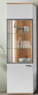 Produktbild von Moderne Vitrine Bassat Type 10, Holzdekor, mit Glastür oben und geschlossener Tür unten