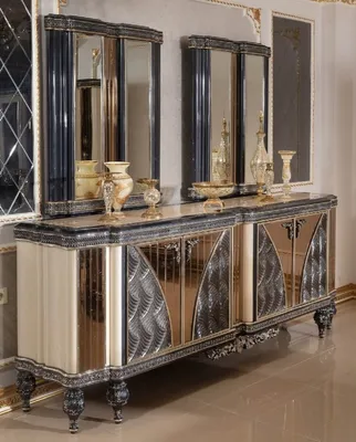Produktbild von Casa Padrino Luxus Barock Möbel Set Beige / Schwarz / Gold - 1 Barock Sideboard mit 4 Türen & 2 Barock Wandspiegel - Handgefertigte Barock Möbel - Edel & Prunkvoll