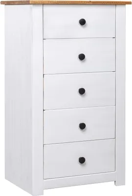 A white chest of drawers with a natural wood top.