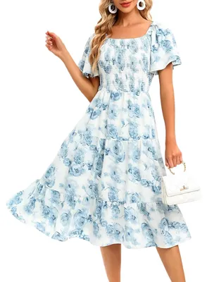 Zdjęcie produktu dla Sukienka Koktajlowa Midi Bufiaste Rękawy Boho Zwiewna Kwiatowa Biała XL