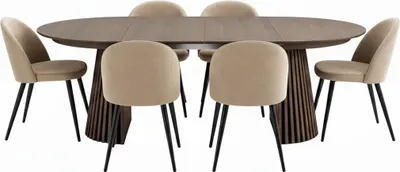 Immagine prodotto di Set sala da pranzo Tokyo: tavolo rovere affumicato, 6 sedie in velluto beige.